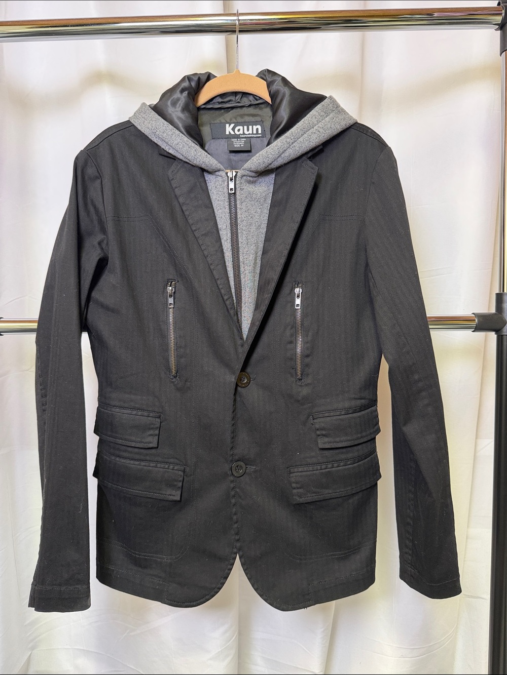Kaun Mens Black Lightweight blazer Jacket with Grey Hooded Insert medium